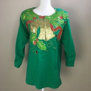 Vintage Hand Painted Christmas Bell Ugly Shirt  Green Gold Large